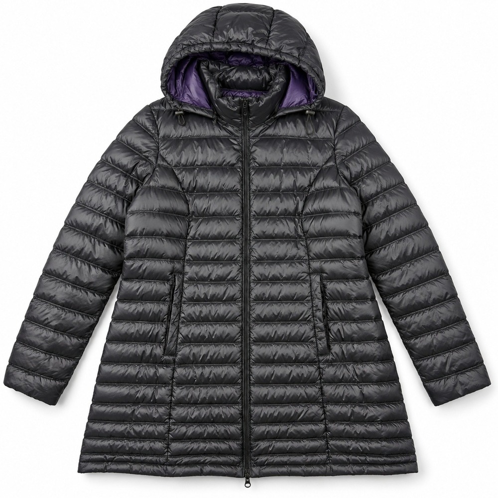 Addition Elle Puffer Coat Women 2X Black Down Fill Hooded Quilted Long Jacket